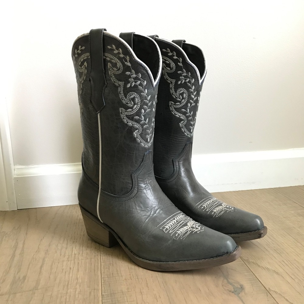Sterling River Cowgirl Boots Leather Womens Sz 7 Gray Floral Embroidered Cowboy